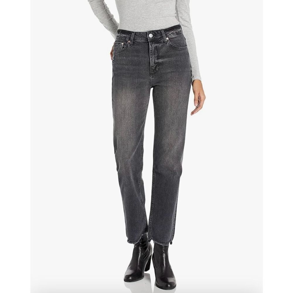 Paige Stella Black Shore High Waist Disheveled Hem Straight Leg Jeans Sz 24 Nwt
